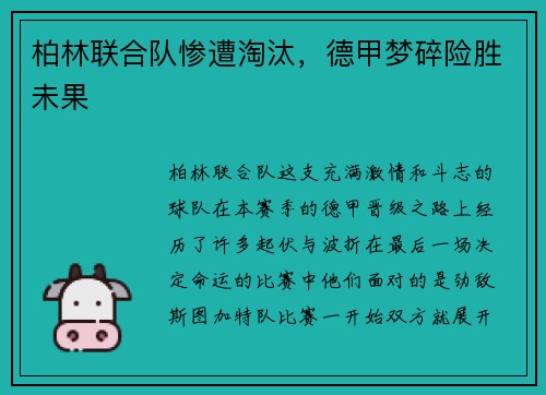 柏林联合队惨遭淘汰，德甲梦碎险胜未果