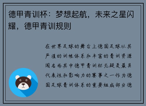 德甲青训杯：梦想起航，未来之星闪耀，德甲青训规则
