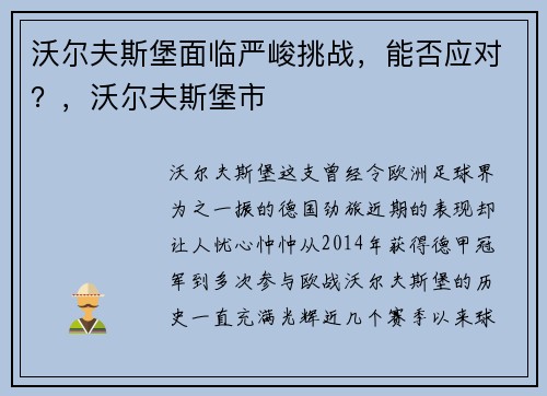 沃尔夫斯堡面临严峻挑战，能否应对？，沃尔夫斯堡市