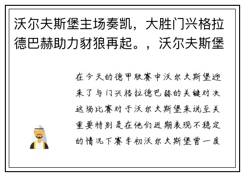 沃尔夫斯堡主场奏凯，大胜门兴格拉德巴赫助力豺狼再起。，沃尔夫斯堡球星