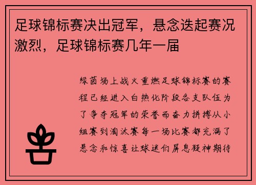 足球锦标赛决出冠军，悬念迭起赛况激烈，足球锦标赛几年一届