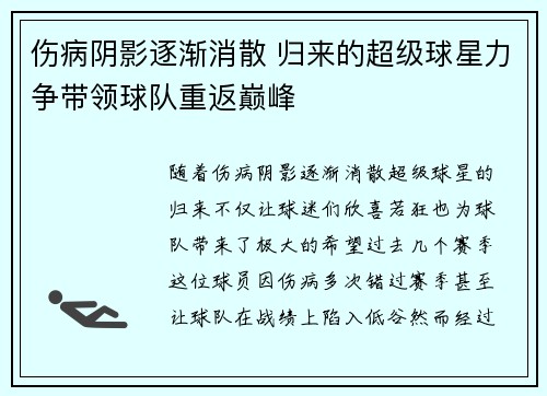 伤病阴影逐渐消散 归来的超级球星力争带领球队重返巅峰