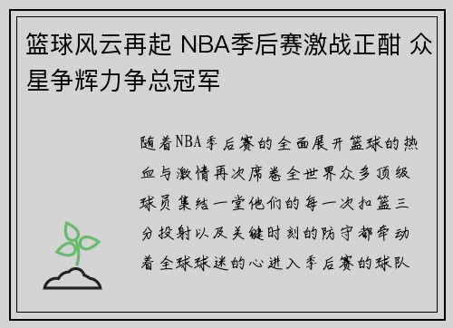 篮球风云再起 NBA季后赛激战正酣 众星争辉力争总冠军