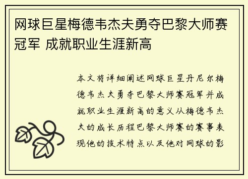 网球巨星梅德韦杰夫勇夺巴黎大师赛冠军 成就职业生涯新高