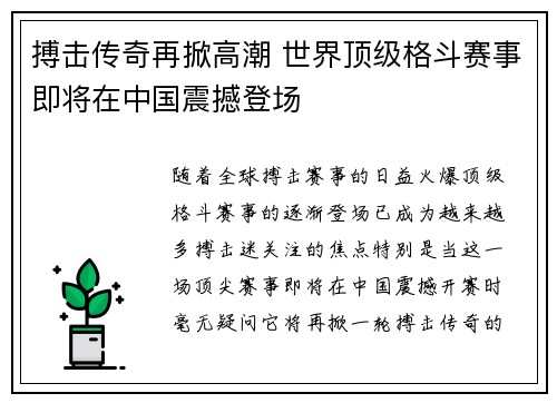 搏击传奇再掀高潮 世界顶级格斗赛事即将在中国震撼登场